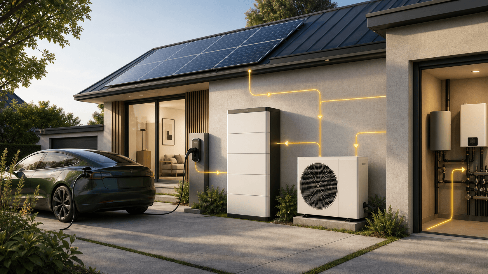 Maison équipée de panneaux solaires, batterie domestique et flux d'énergie