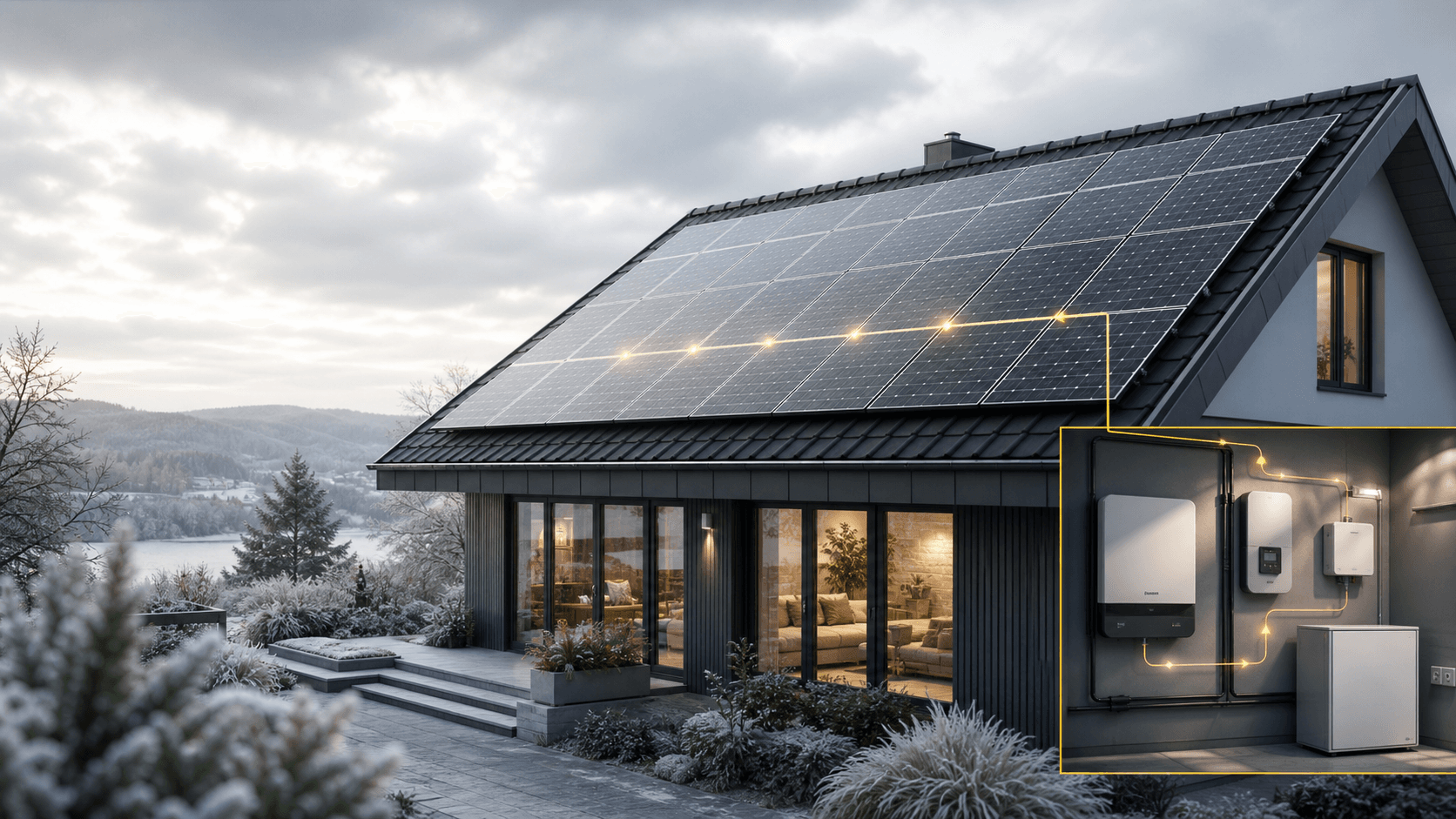 Panneaux solaires produisant sous un ciel nuageux avec lumière diffuse